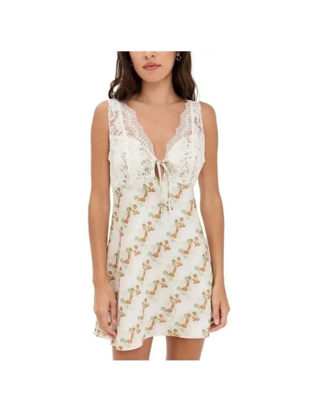 Free People Cream Floral Lace-Trim Satin Chemise